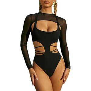Kisscynest Women's One-piece Black Cheeky Cutout Monokini and Cover Up SMALL